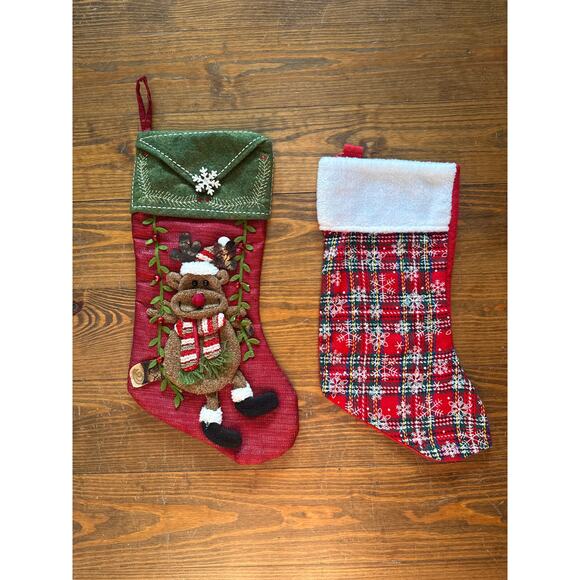 Christmas Stocking Bundle (2) Reindeer 3D Stocking and Plaid Felt Stocking - Picture 1 of 5